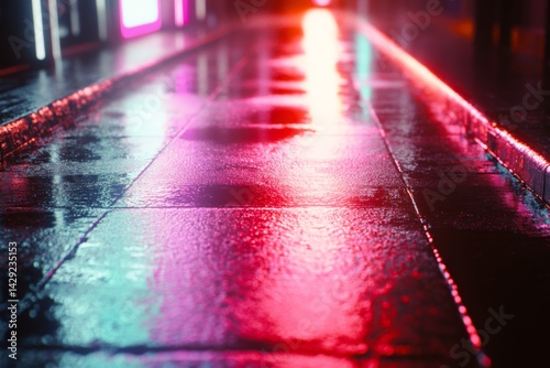 Obraz na płótnie Wet sidewalk with neon light reflections in an urban night scene w salonie
