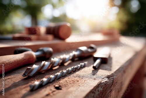 Close-up of drill bits and tools on a rustic wooden workbench in sunlight