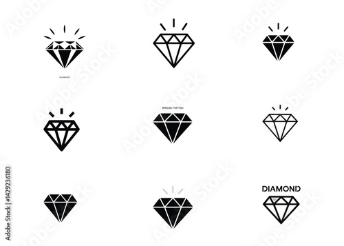 Diamond Icons Black and White Minimalist Design Geometric Shapes Sparkling Gems Line Art Luxury Jewelry Logos Vector Graphics Abstract Illustrations