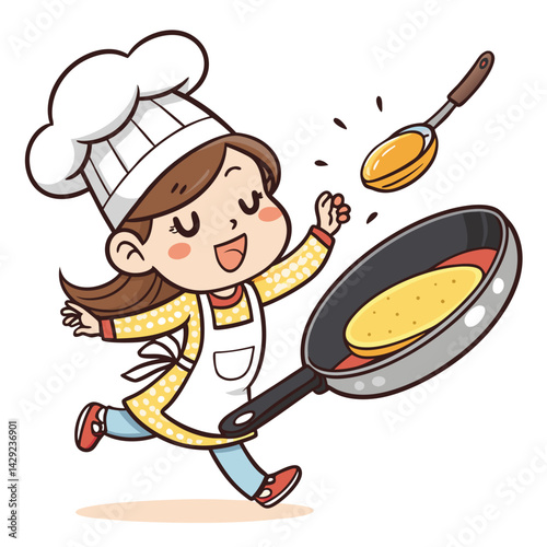 A cute chibi chef girl with rosy cheeks skillfully flips a golden-brown pancake in a sizzling frying pan.  Her apron is slightly flour-dusted.