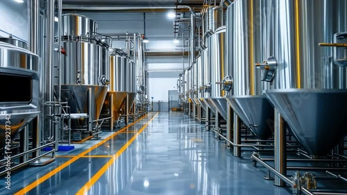 Industrial Brewery Interior: Stainless Steel Tanks and Piping in Modern Facility