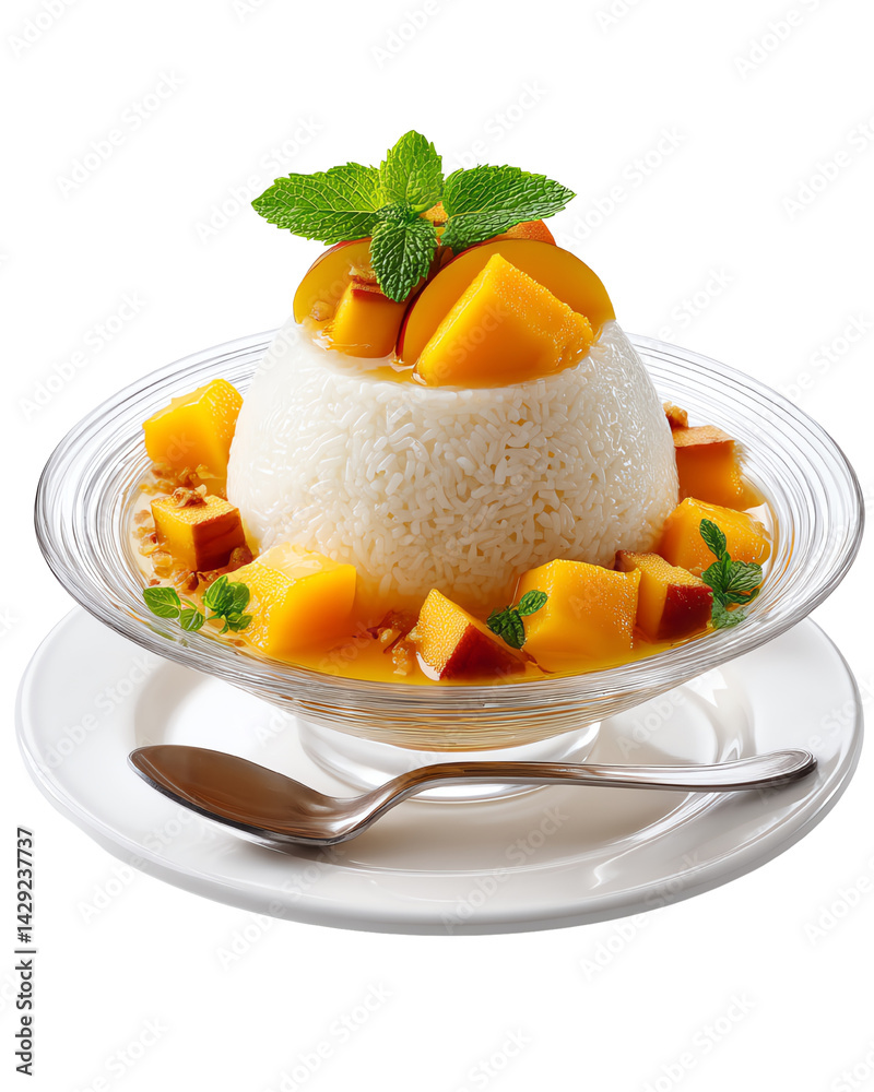 Fototapeta premium Isolate Transparent. Delicious mango dessert with rice and mint.