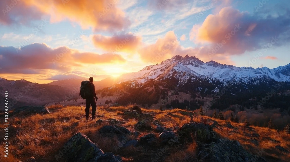 A hiker stands on a rocky outcrop, gazing at a stunning sunset that paints the sky with vibrant colors above majestic snow-capped mountains, surrounded by lush valleys A hiker stands on a rocky outcrop, gazing at a stunning sunset that paints the sky with vibrant colors above majestic snow-capped mountains, surrounded by lush valleys