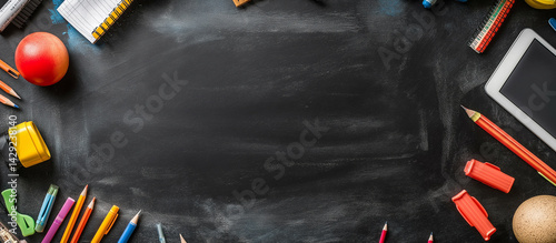 Black chalkboard background with copy space and school supplies on the table, flat lay. Top view of black desk surface with tablet computer and stationery objects.