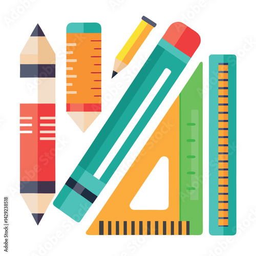 Colorful Stationery Icon Set – Pencil, Ruler, Eraser, Pen, Art Tools