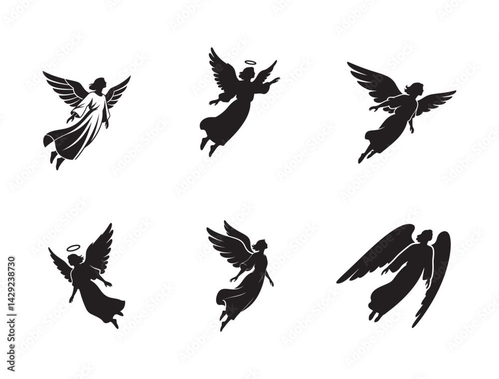 Fototapeta premium Angel Descending Light – Silhouette Vector Design Heavenly Angel Silhouette – Black & White Art