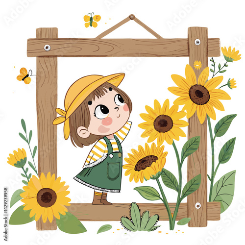 A cute chibi girl, smiling, surrounded by vibrant sunflowers, nestled within a rustic wooden frame.  The style should be anime-inspired.