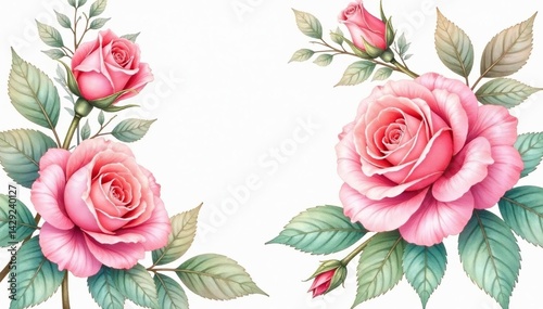 Delicate watercolor roses, intertwined leaves, soft pastel hues, blossom, elegant