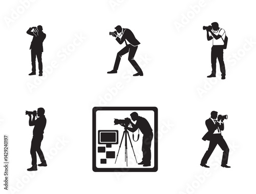 Photographer Snapshot – Silhouette Vector Design Photographer in Action – Black & White Illustration photo