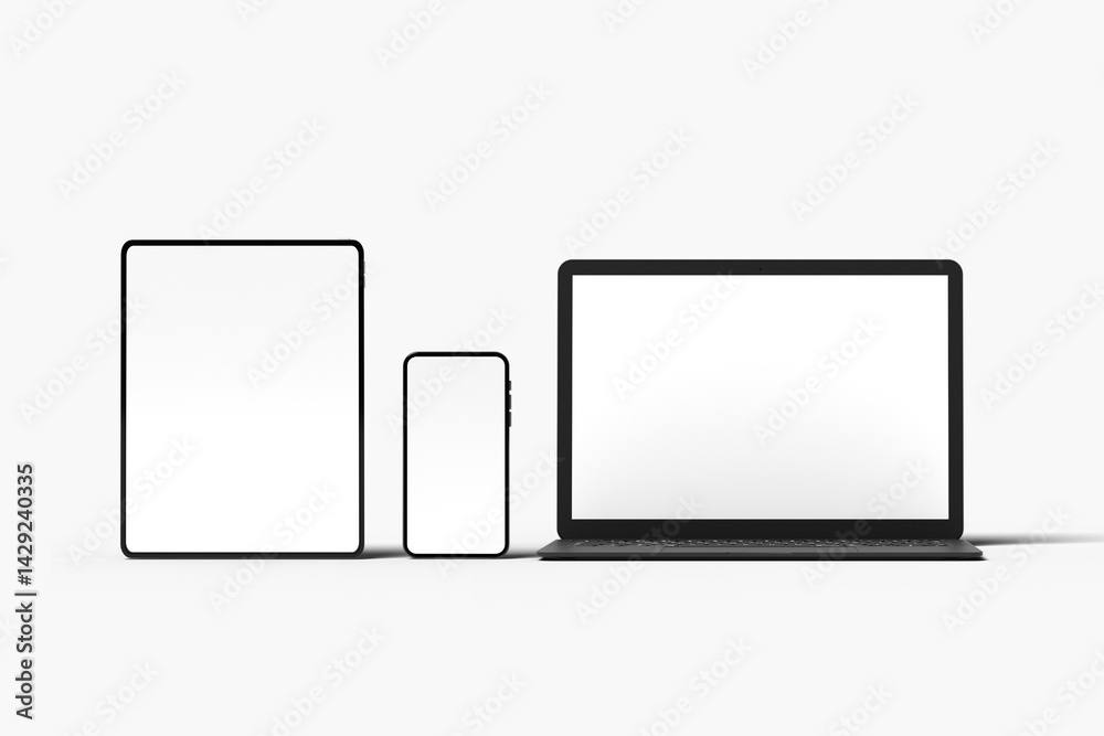 Set of realistic computer monitor, computer, laptop, phone, tablet isolated on white background. Device mockup. Set of realistic computer monitor, computer, laptop, phone, tablet isolated on white background. Device mockup.