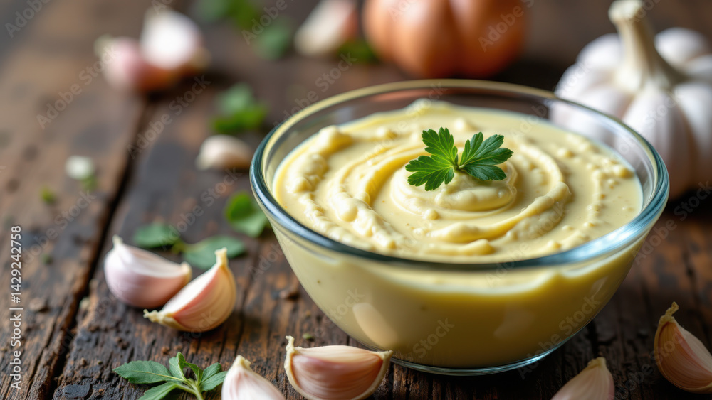 Creamy yellow dip with herbs on a rustic wooden surface. Keto-friendly recipe theme implied. Creamy yellow dip with herbs on a rustic wooden surface. Keto-friendly recipe theme implied.
