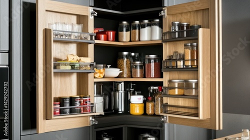 Well-organized corner pantry showcasing various food supplies.