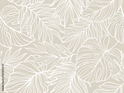 Elegant Botanical Vector Illustration Featuring Outline Drawings of Tropical Leaves on a Neutral Background, Perfect for Seamless Patterns, Decorative Art, and Modern Design Projects