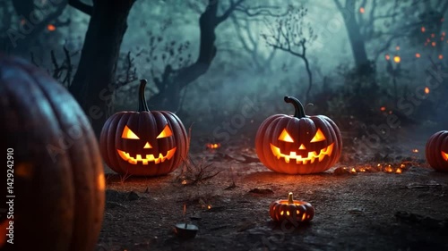 Enchanted Halloween Night: Jack-o'-lanterns in a Spooky Forest