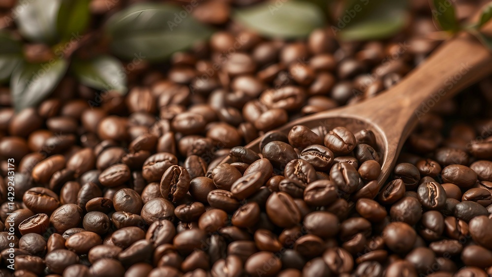 Obraz premium Frisch geröstete Kaffeebohnen in Nahaufnahme mit rustikalem Holzlöffel – perfekt für Food-, Kaffee- und Produktfotografie.