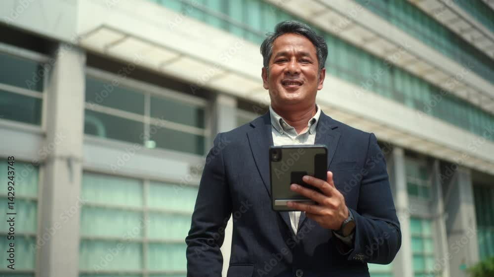 Portrait of confident senior business man holding tablet gadget and smiling at camera while standing in front of modern office building, happy entrepreneur middle aged man using technology online.
Portrait of confident senior business man holding tablet gadget and smiling at camera while standing in front of modern office building, happy entrepreneur middle aged man using technology online.