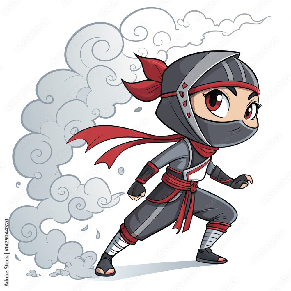 A cute chibi ninja girl, grey background, disappearing into a puff of grey smoke; anime style, vanishing act, frame. A cute chibi ninja girl, grey background, disappearing into a puff of grey smoke; anime style, vanishing act, frame.