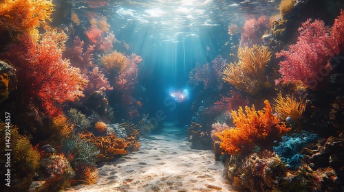 Underwater scene with vibrant coral reefs, sandy path, and sunlight penetrating water
