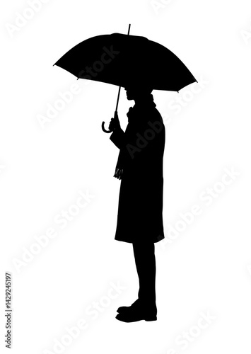 man in coat with umbrella silhouette – vector illustration