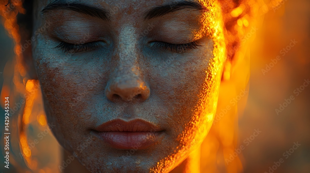 A serene face in peaceful meditation at dawn