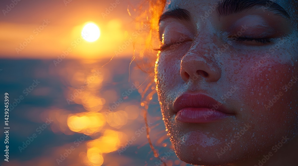 A serene face in tranquil meditation during a glowing sunrise