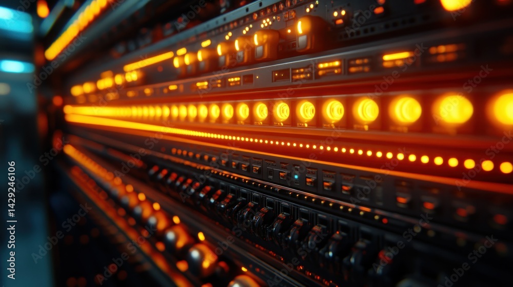 Server rack glowing with orange lights and complex cables Server rack glowing with orange lights and complex cables