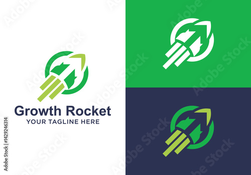 Growth rocket logo design. Rapid growth logo design vector graphic icon with rocket and arrow elements. Symbol for business investment, marketing, finance and management company