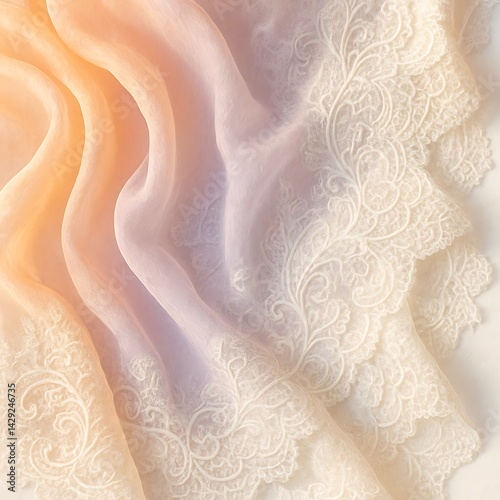 Ultra-High-Resolution Illustration of Pastel Chiffon Fabric with Intricate Lace Detailing, Glowing Softly in Warm Light Against a Clean White Background