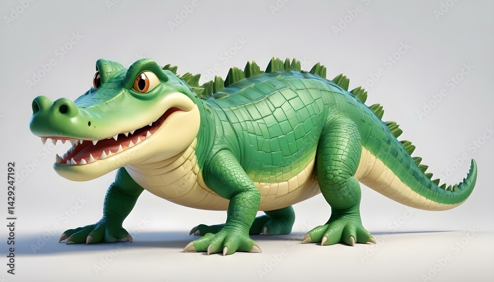 Fototapeta premium A bright green, cartoon alligator with a wide smile, looking happy and inviting.