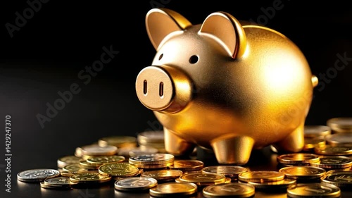 Golden Piggy Bank on a Pile of Coins: A Symbol of Wealth and Savings