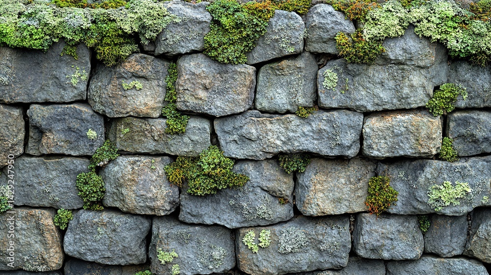 Stone Wall Texture with Vibrant Green Moss and Lichen Growth Stone Wall Texture with Vibrant Green Moss and Lichen Growth