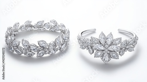 Vintage-inspired platinum jewelry set with marquise diamonds and floral patterns on earrings, necklace, and matching ring, isolate on white background