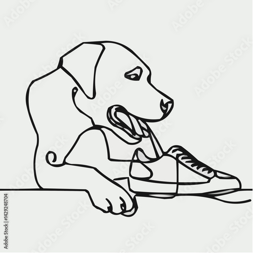 Dog chewing sneaker icon - minimalistic line art style  