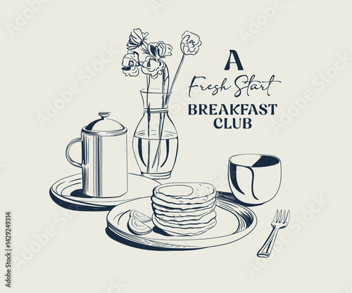 Breakfast in table with flower and coffee vector art, Vintage breakfast club hand drawn vector artwork for t shirt, poster, wall art, 