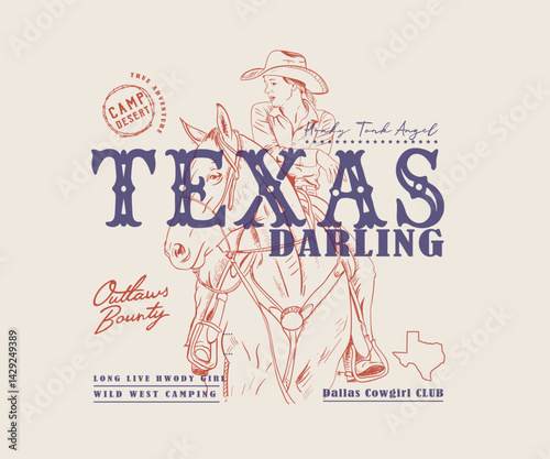 Western vintage cowgirl vector design, Cowgirl riding horse hand drawn vector art, Retro vintage country girl artwork for t shirt, poster, embroidery
