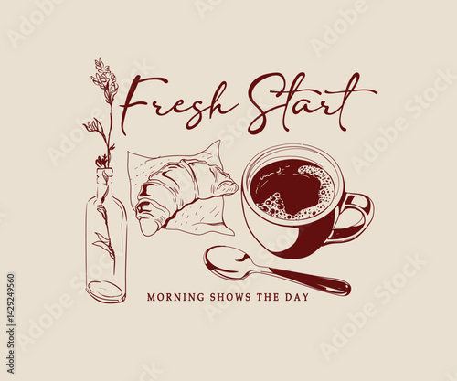 Croissant and coffee hand drawn vector art, Vintage fresh breakfast artwork with typography, Breakfast social club vector design for t shirt, poster, screen print