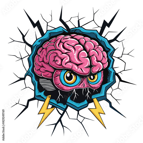 A grotesque brain monster, clawed hands, glowing lightning eyes, dramatically framed, dark, ominous, detailed illustration.