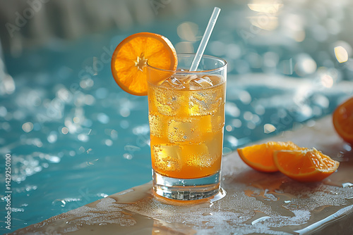 Single orange cocktail with straw on poolside ledge, crisp blue pool water, luxury resort summer vacation drink with tropical ambiance
