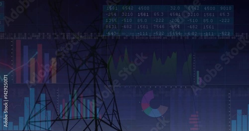 Electricity transmission tower silhouette standing over digital interface, displaying data charts