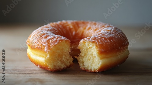 A Delicious Half-Eaten Glazed Donut on Wooden Table