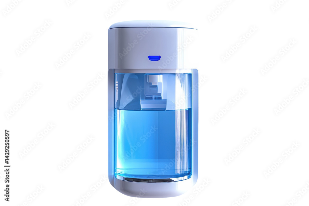 Automatic Hand Sanitizer Dispenser with bright blue liquid sleek white design and a clean modern on transparent background