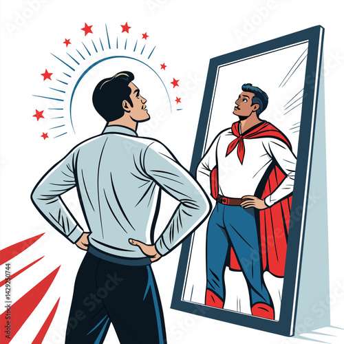 A person gazes into a mirror, their reflection subtly transformed into a more confident, powerful self; a visual metaphor for self-improvement and empowerment.