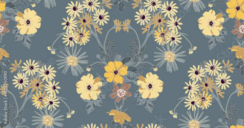 Seamless floral pattern with roses and leaves, with an intricate pattern reminiscent of prints on porcelain or fabric.