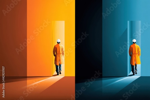 Worker Exiting a Doorway with Contrasting Background Colors