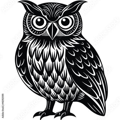 Wise Owl Black and White Vintage Line Art Design