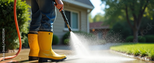 Pressure washing driveway. Close up on water splash and worker in worker boots cleaning driveway with pressure washer.
