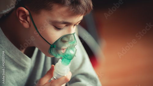 Young Boy Managing Asthma with Inhaler and Oxygen Support