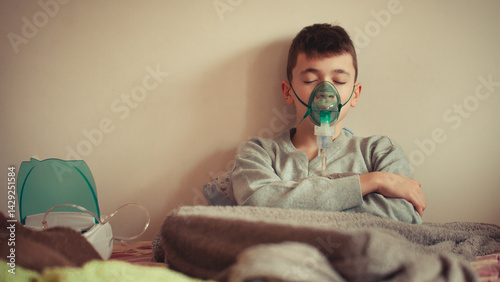 Young Boy Managing Asthma with Inhaler and Oxygen Support