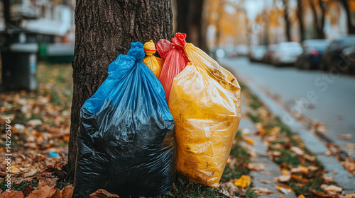 A barren dying tree tangled with plastic bags stands in a desolate landscape, symbolizing environmental neglect, human impact, and the suffocating consequences of pollution.

