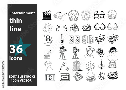 Entertainment Icons Thin Line Vector Set Black and White Minimalist Style Graphics